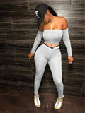 Fall Fashion 2 Two Piece Sets Outfits Women Long Sleeve Strapless Crop Top Skinny Pants Grey Casual Matching Sets