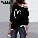 Yskkt Women's Pullover Sweatshirt Heart Printed Long Sleeve One Shoulder Tops Autumn Winter Sweat Shirts Woman Casual