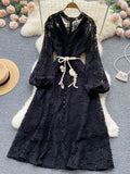 Vintage Hollow Out Lace Long Dress Women Elegant V-Neck Single Breasted Puff Sleeve High Waist Blue/Beige/Black Maxi Robe