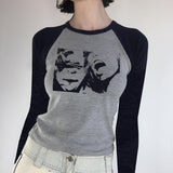 Portrait Printed Shoulder-Inserted Long-Sleeved T-Shirt 2024 New Retro Slim And Skinny Bottom Shirt-Outfit