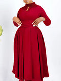 Women's New Fashion High-Neck Elegant Nail Beads Big Swing Dress Waist African