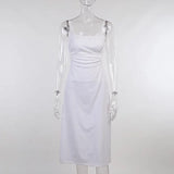 White Midi Backless Dress Women Hollow Out 2021 Summer Bandage Sexy Beach Spaghetti Strap Black Casual Dresses