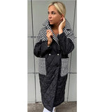 Turn Down Collar Parkas Women Fashion Patchwork Houndstooth Coats Women Elegant Loose Long Cotton Jacket Female Ladies