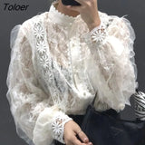 Vintage Crochet Women's Shirts Stand Collar Loose White Blouse See-through Lace Stitching Long Sleeve Shirt Tops