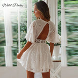 sleeve cotton white lace dress Women casual ladies dress Summer high waist short dress backless vestidos hollow out