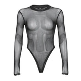 Temperament Light Striped Mesh Perspective Sexy Long Sleeve Half-High Collar Bare Back-To-Back Women's