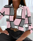 Women Turn Down Collar Shirt Coats Print Plaid Full Sleeve Single Breasted Regular Splice Ladies Autumn Casual Loose Shirts-Outfit