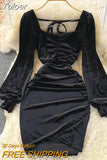 Autumn Winter Velvet Dress for Women Sexy Chain Criss Cross V-neck Long Sleeve High Waist Folds Mini Party Dress