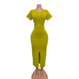 Body-Stupling Short-Sleeved Bag Hip Dress Gold Metal Buckle Open-Fork Solid Color