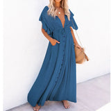 Beach Maxi Dress Women Deep V Neck Backless Ruffles Short Sleeve Dresses Casual Pleated Drawstring Party Long