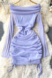 Off Shoulder Bodycon Mini Dress Women Fashion Spring Slash Neck Long Sleeve Shinny Mesh Drawstring Ruched Club Party