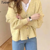Korean Style Solid Color Women's Cardigan 2023 V Neck Single Breasted Sweater Woman Long Sleeve Knitted Cardigans