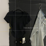 New Summer Design Feel U-Collar Short-Sleeved T-Shirt Women Fold Slim Look Thin Inside A Solid Color Short-Style Blouse-Outfit