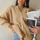 WOTWOY Casual V-neck Knitted Oversize Cardigan Women Buttons Loose Lantern Sleeve Sweaters Female Basic White Autumn Winter