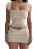 Women 2 Piece Outfits Short Sleeve Square Neck Slim Fit Solid T-shirts Tops High Waist Short Mini Pencil Skirts Sets-Outfit