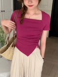 Women's T-Shirt Shows A Sense Of Thin Short-Sleeved Design Minority Pleated Irregular Slimming Blouse Square Collar Clavicle T-Shirt-Outfit
