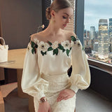 Yuanfeng Heavy Industry Mesh Stitching Satin Embroidered Shirt Women's 2023 Early Autumn New Style-Outfit