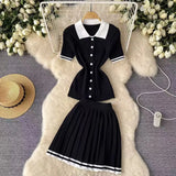 Style POLO Collar Short-Sleeved Top + High-Waisted 100-Folded Skirt Knitted Two-Piece Suit