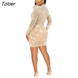 Diamonds Party Dresses Women Hollow Out Long Sleeve Sexy Dress Sheer Mesh Night Clubwear Bodycon O Neck Autumn