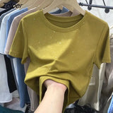 Fashion Knitted Oversized Sweater Women Summer New O-neck Solid Shine Sequined Slim Short-sleeved Elegant Female Pulls