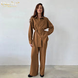 Fashion Loose Brown Two Piece Sets Womens Outifits Elegant Lapel Long Sleeve With High Waist Straight Pants Set