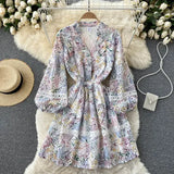 Women Floral Hollow Out Embroidered Mini Dress Autumn Vintage V-Neck Puff Long Sleeve High Waist A-Line Casual Vestidos 2021