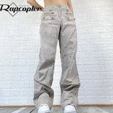 Gray Ruched Cargo Jeans Zipper Button High Waisted Sweatpants Vintage Pockets Zipper Baggy Denim Trousers Women