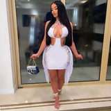 Summer Tassel Hollow Mini Dresses Women Waistless Sexy Halter Sleeveless Backless Lace Up Bodycon Midnight Party Clubwear