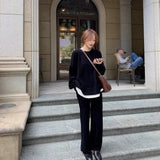 New Casual 2 Pieces Knitted Set Long Sleeve Patchwork Sweater Long Trousers Autumn Winter Female Wide Leg Pants