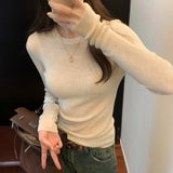 Pure Color Slim, Slim, Skinny, Bottomed Sweater, A New Autumn Style Soft Waxy Round Collar With A Long-Sleeved Blouse-Outfit