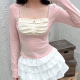 Fashion Girl Hit Color Square Collar Fold Splicing Fake Two Long-Sleeved T-Shirts Sweet Knit Blouse-Outfit