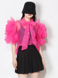 Casual Shirt For Women Bowknot Collar Half Sleeve Sheer Solid Button Through Blouse Female Fashion Clothing