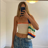 Graduation party Top Women Sleeveless Crop Top 2022 Spring Summer New Contrast Color Knitted Vest Strapless Backless Sexy Blouse Women's