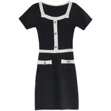 A Real Shot Of The New Hong Kong Sexy Girl Matching Color Square Collar Knitted Medium-Length Dress With Small Fragrance Wind Bag Hip Dress-Outfit