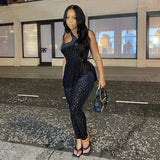 Leopard Print Mesh Skinny Jumpsuit Women One Shoulder Sleeveless Patchwork Fitness Party Activewear Basic Wild Female