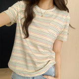 Style Rainbow Striped Round-Neck T-Shirt Women's Summer Loose Style Vintage Blouse Design Sense Minority-Outfit