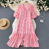 Embroidary Solid Women Chic Dress V Neck Gentle Single Breasted Retro Vacation 2022 Ladies A Line Beach Long