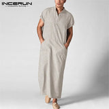 Men Islamic Arab Muslim Kaftan Stand Collar Short SLeeve Pockets Vintage Robes Middle East Solid Men Jubba Thobe S-5XL
