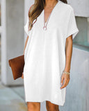 V-neck Short-sleeved Solid Color Loose