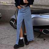 Fashion Blue Denim Skirts For Women Elegant High Waist Slit Long Skirt Streetwear Casual Chic Faldas Female