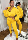 Puff Sleeve Zipped Crop Top and Matching Pants 2PC