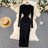 Autumn Senior Knitted Dress Women Long Sleeve Elastic Waist Split Sweater Dress Ladies Party Sexy Warm Long