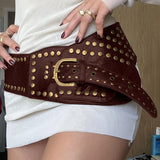 Corns Personality Leather Wide Belt Cool Punk Rivet Splicing Decoration 2023 Summer New Girls-Outfit