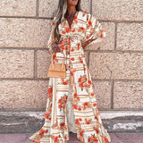 Vintage V Neck Printing Maxi Dress Women Casual Long Sleeve Button Elastic Waist Party Dress Boho Summer Beach Long
