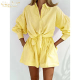 Fashion Long Sleeve Shirts Two Piece Sets Womens Outifits Casual Loose Blue Shorts Set Female Elegant Chic Shorts