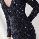 Winter Elegant Deep V Neck Long Sleeve Slit Cocktail Eevening