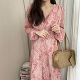 V-neck Elegant Print Chiffon Dress Women Female Puff Sleeve Korean Floral Party Dress Lady Fashion Vestidos Spring