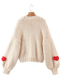 Retro Hand Made Crochet 3D Mushroom Ball Cardigan Vintage Woman V neck Long sleeve Purple Knitting Sweater Knitwear Jumper-Outfit