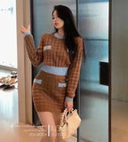 Knit Suit Women New Autumn Contrast Color O Neck Long-sleeved Short Pullover Sweater And Bodycon Mini Skirt 2 Piece