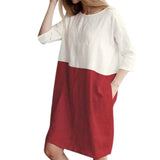 Dress Women Summer 2022 Casual Patchwork 1/2 Sleeve Cotton Linen Dress Oversized Loose Pockets Tunic Women Dress